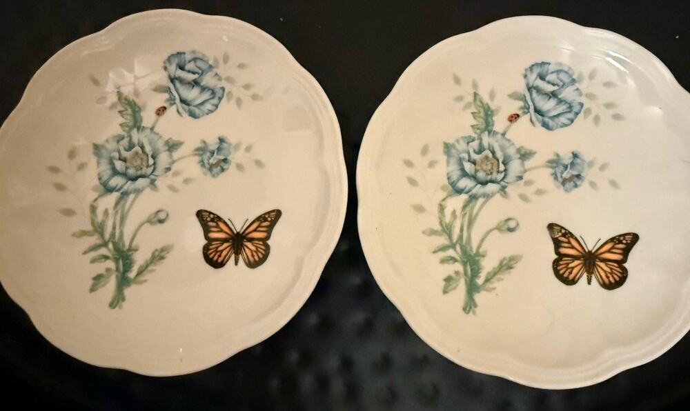 Lenox Butterfly Meadow Bread & Butter Plates Set of 2 Blue Poppy 6” EUC